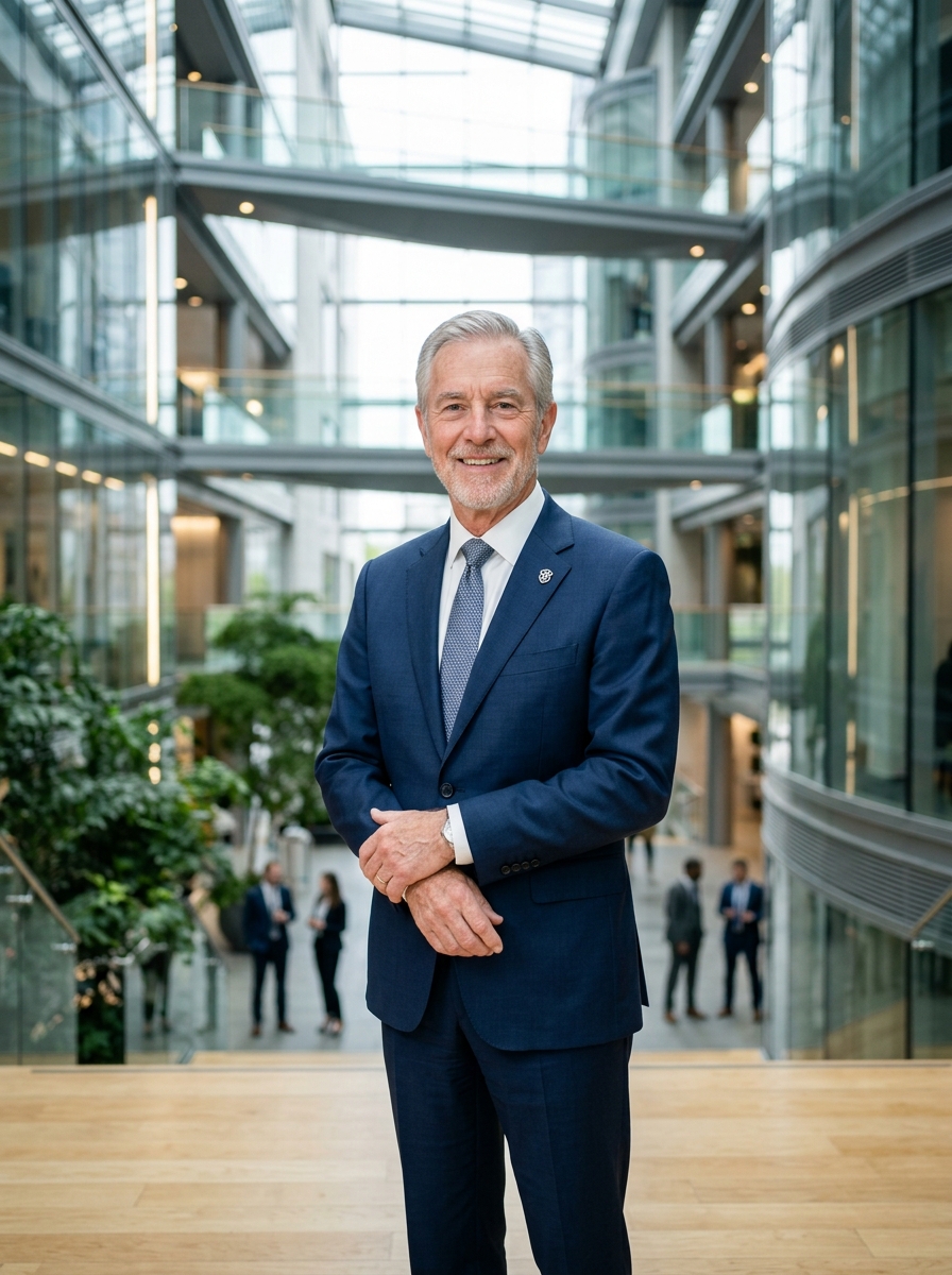 Chair of the IBACTP® Certification Board in a modern corporate atrium