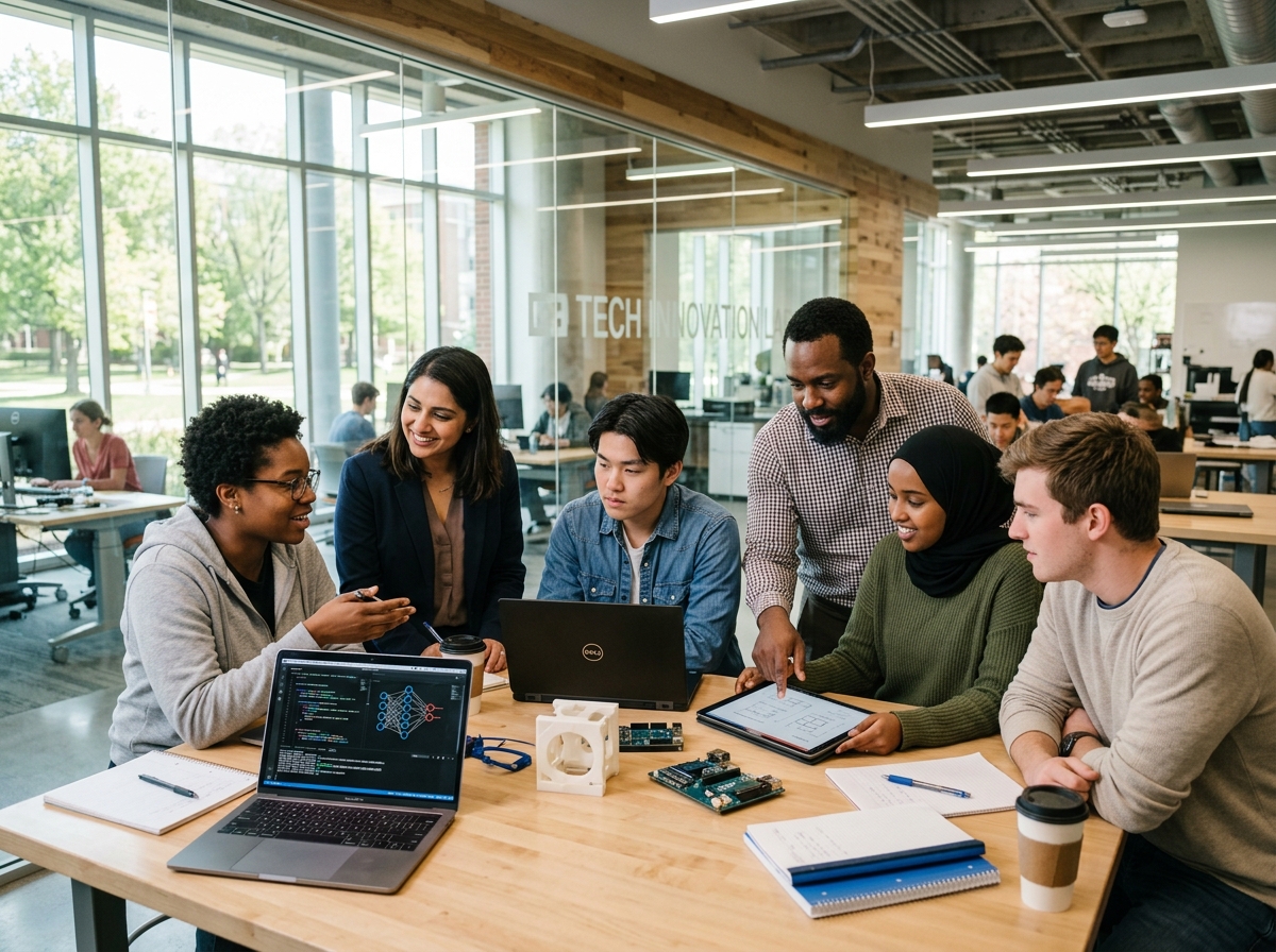 Professor mentoring graduate technology students in a university AI laboratory
